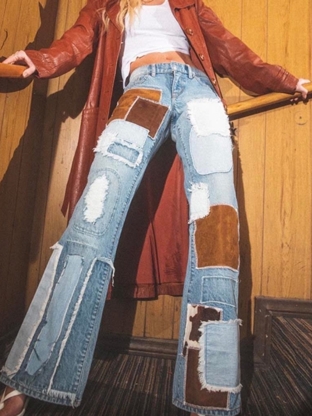 REVICE Patchwork Distressed Flare Jeans in Light Blue and Brown - Picture 8 of 8